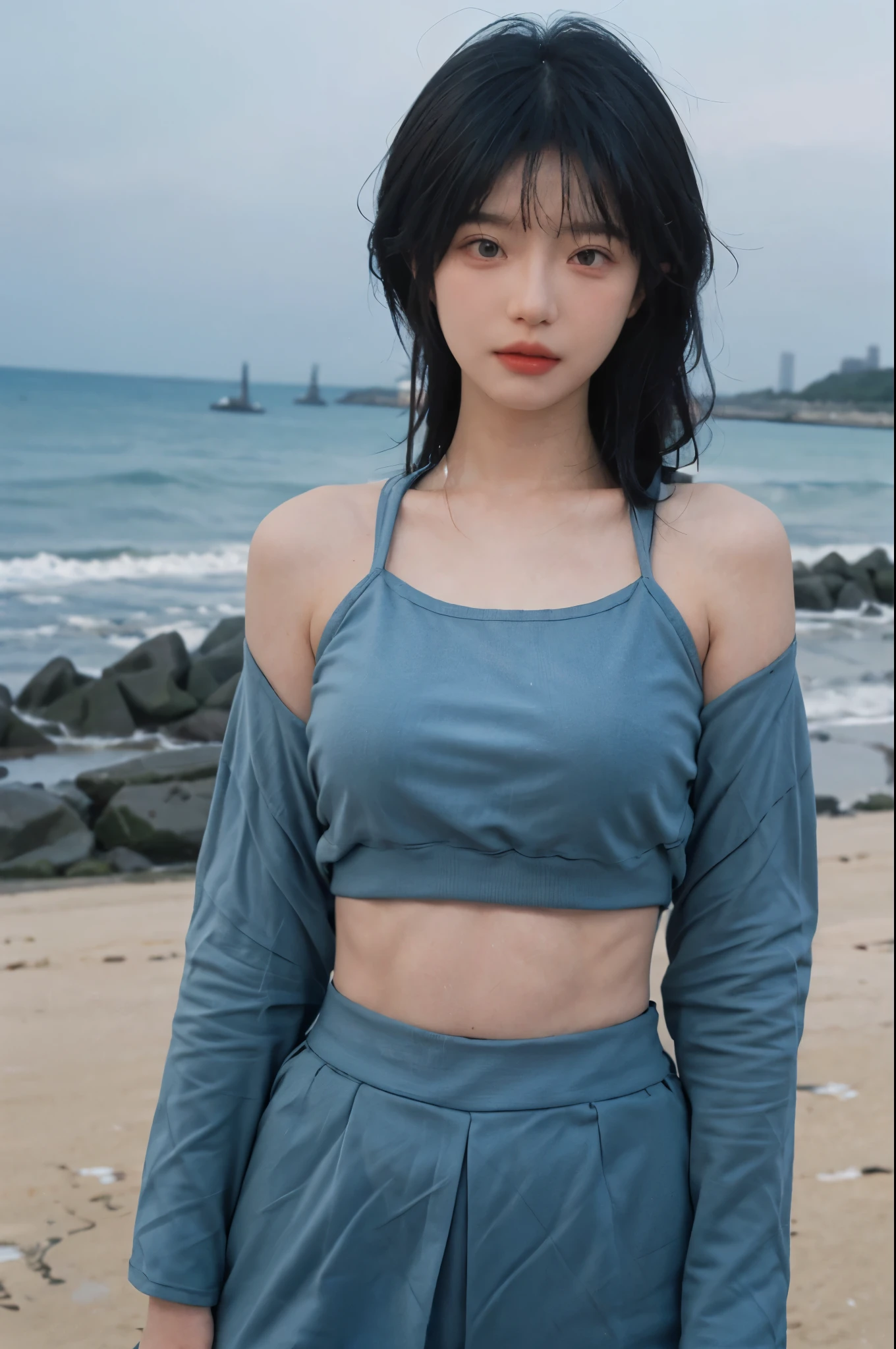 Best quality,Ultra-high resolution,(lifelike:1.4),Cute hairpin,2girll,Short blue hair,jk,Big breasts:1.4,Blush,Slim beauty:1.4,Visible abdominal muscles,on the beach,Ultra-fine face,Exquisite eyes,Double eyelids,