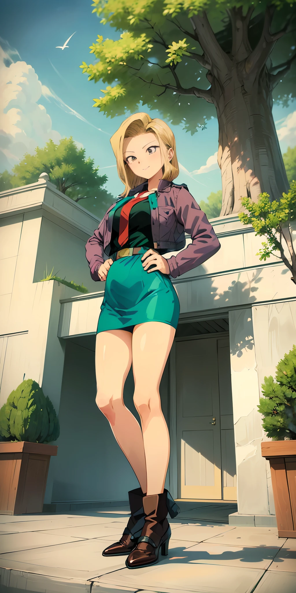 (Full body, view from below, cowboy shot, looking at viewer, masterpiece, best quality, ultra detailed, immaculate:1.2) Android 18 from DBZ, 30 y.o. woman, red eyes, short BLONDE hair, posing for photo, seductive smile, grey jacket, red necktie, green skirt, Sakura tree, building, (pinched eyes) (closed mouth) (hands on hips)