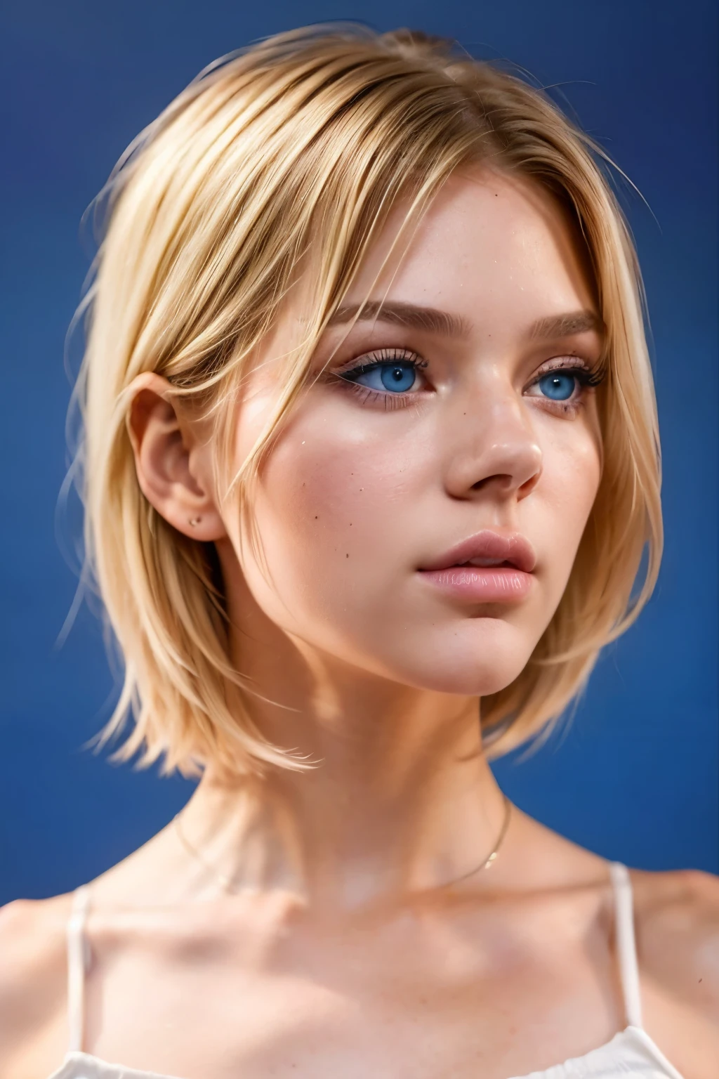 ((AlexiaThompson01R face)). beautiful. perfect, blonde hair, short hair, straight hair, blue eyes. closed look. Vibrant blue eyes, tied hair. hair falling over one eye, emo bangs. perfect skin, white skin. thin nose, thin chin. fitness, side view