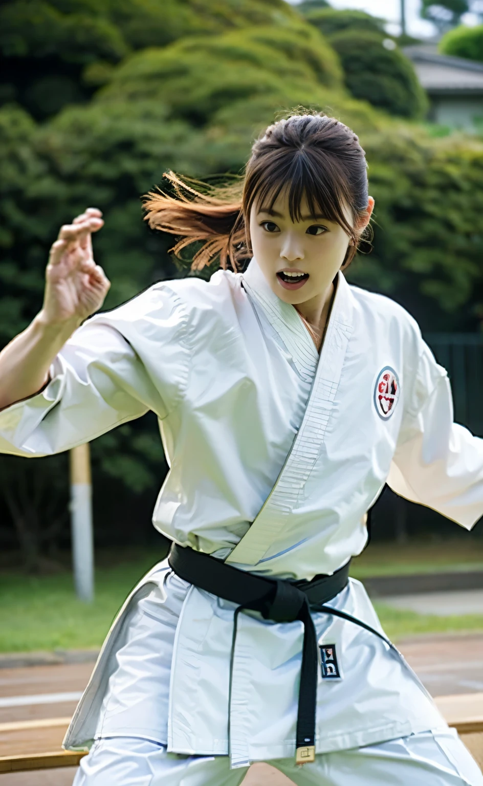 (((Carefully drawn limbs with perfect anatomy))),(((Capture the essence of the action and never miss a photo opportunity))),Beautiful Karateka Shiho,(A graceful hitting form with a low center of gravity),Japan指折りのアスリート,Fluid and powerful core,(((He is wearing a white long-sleeved, long-hemmed karate uniform and proudly wears a well-worn black belt.))),Deep concentration,Master martial arts,Japan,Extreme vacuum hand,accurate kicks and blows,Sweat splashes,strength and discipline,defender of peace and justice,sharp reflexes,controlled breathing,Dojo training,Mental and physical balance,harmony of mind and body,Aiming for perfection,strategic combat,dynamic fighting techniques,Strong stance,rippling muscles,energetic punches and kicks,Focused gaze,Resolute expression,zen-like concentration,Splitting a wooden board elegantly with skill and speed,A well thought out training session,Strict discipline,competitive tournament,White-on-white color scheme,Master karate,Karate as a way of life,Intense exercise,burst of energy,Mindful Use,Travel,Fierce determination,unwavering,battle-tested karateka,bamboo forest,crush your opponent with precision,lead by example,Indomitable,Perfect technique execution,Embodying the essence of karate.Deep depth of field with the Nikon D5,F-stop 1.4. Shutter Speed 500/1 Capture cinematic moments with ISO100,