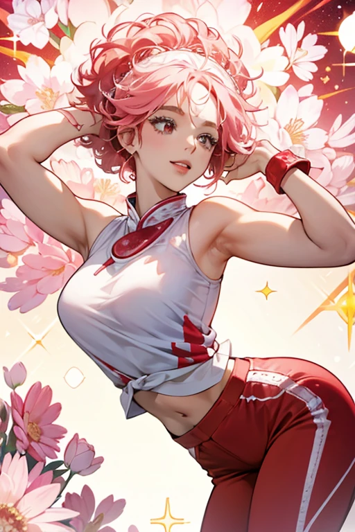sHe is white and she has a pink afro hairstyle. sHe wears a red visor and red pants, and her arms are also red. White flowers bloom in her hair when she is happy. SPARKLE; GLITTER