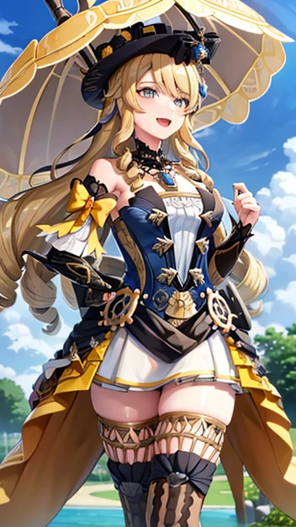 navia_gi, looking at viewer, smile, open mouth, skirt, thighhighs, gloves, hat, dress, holding, bare shoulders, standing, :d, outdoors, detached sleeves, sky, day, cloud, blue sky, umbrella, garter straps, drill hair, brown gloves, water drop, holding umbrella, brown headwear, rainbow