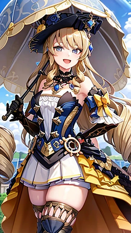 navia_gi, looking at viewer, smile, open mouth, skirt, thighhighs, gloves, hat, dress, holding, bare shoulders, standing, :d, outdoors, detached sleeves, sky, day, cloud, blue sky, umbrella, garter straps, drill hair, brown gloves, water drop, holding umbrella, brown headwear, rainbow