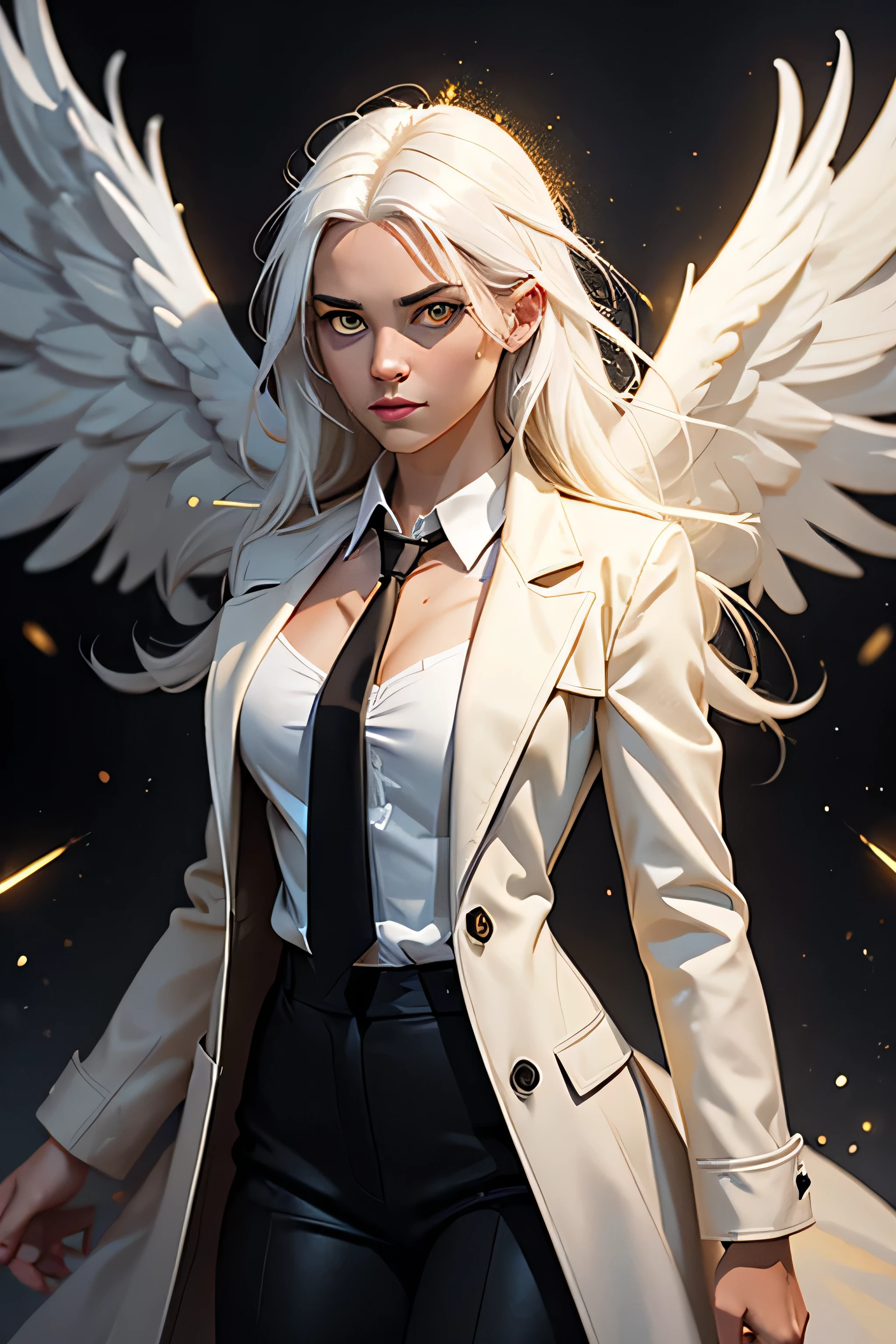 (masterpiece, best quality:1.3), (ultra-detailed:1.3), 1girl, solo, (white hair, messy hair, long hair), (angel wings, angel halo), flat chest, yellow eyes, (white shirt, black necktie, black coat, open coat), cowboy shot, cinematic lighting, (((glowing light particles))), (arms behind back), dynamic angle, style ghotic sexy, school, pose atractive
