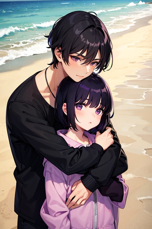  with short black hair with purple highlights on the beach Together with a boy with black hair hugging each other 