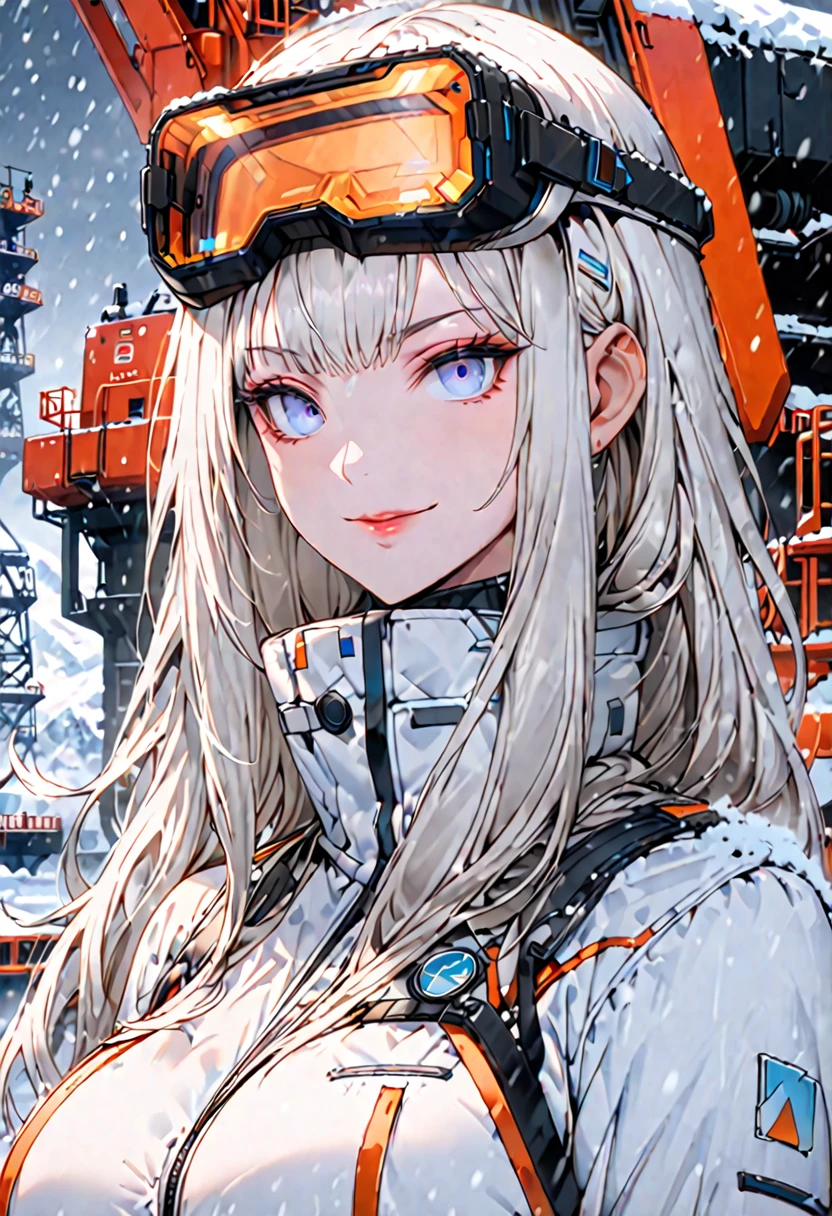 solo, female, sfw, medium shot, huge woman, extremely tall woman, light blue eyes, platinum blonde hair, extremely pale, long hair hair, Antarctic uniform, orange thermic clothes, broad shoulders, artic, close up, looking at viewer, futuristic, head-mounted display, bulky clothes, snow, facility in the background, oil rig, gentle smile