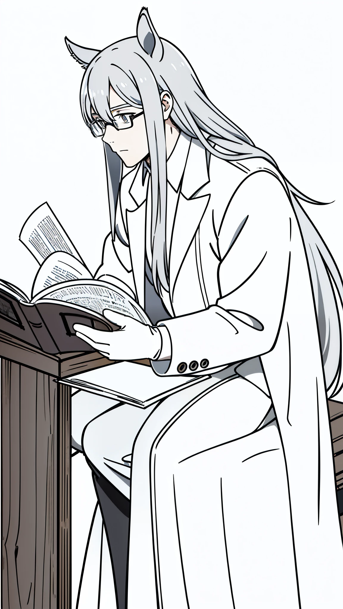 1man,30 years old,solo, long hair,disheveled hair,messy hair,((horse ears)),gray hair, tired eyes,sitting, glasses, scientist outfit, white coat, gloves,perfil,(white background,line drawing),(wood wall,reading a paper)