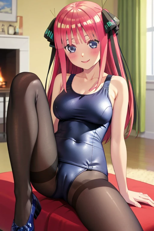 best quality, masterpiece, high quality, insanely detailed, nino nakano, one-piece swimsuit, breasts, pantyhose, blush, smile, in the living room, leg spread