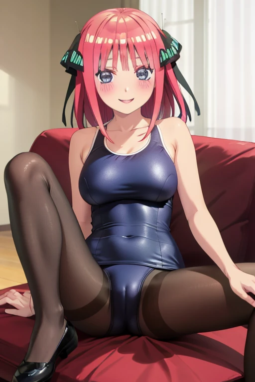 best quality, masterpiece, high quality, insanely detailed, nino nakano, one-piece swimsuit, breasts, pantyhose, blush, smile, in the living room, leg spread