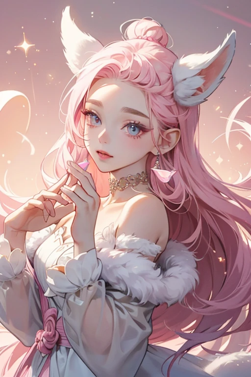 Hapihapitchi resembles an animal-like fairy. She somewhat has the appearance of a lamb or a puppy. She has two white wings, two swirly pink horn-like ears on the sides of her head, and a heart-shaped stalk on her head. She has white fur (with a light pink tint) and a pink collar. She has rounded bangs on her forehead. She has a little pink nose and pink cheeks. Her eyes are small and brown with low, tiny round highlights. SPARKLE; GLITTER