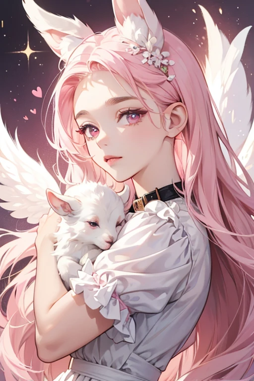 Hapihapitchi resembles an animal-like fairy. She somewhat has the appearance of a lamb or a puppy. She has two white wings, two swirly pink horn-like ears on the sides of her head, and a heart-shaped stalk on her head. She has white fur (with a light pink tint) and a pink collar. She has rounded bangs on her forehead. She has a little pink nose and pink cheeks. Her eyes are small and brown with low, tiny round highlights. SPARKLE; GLITTER