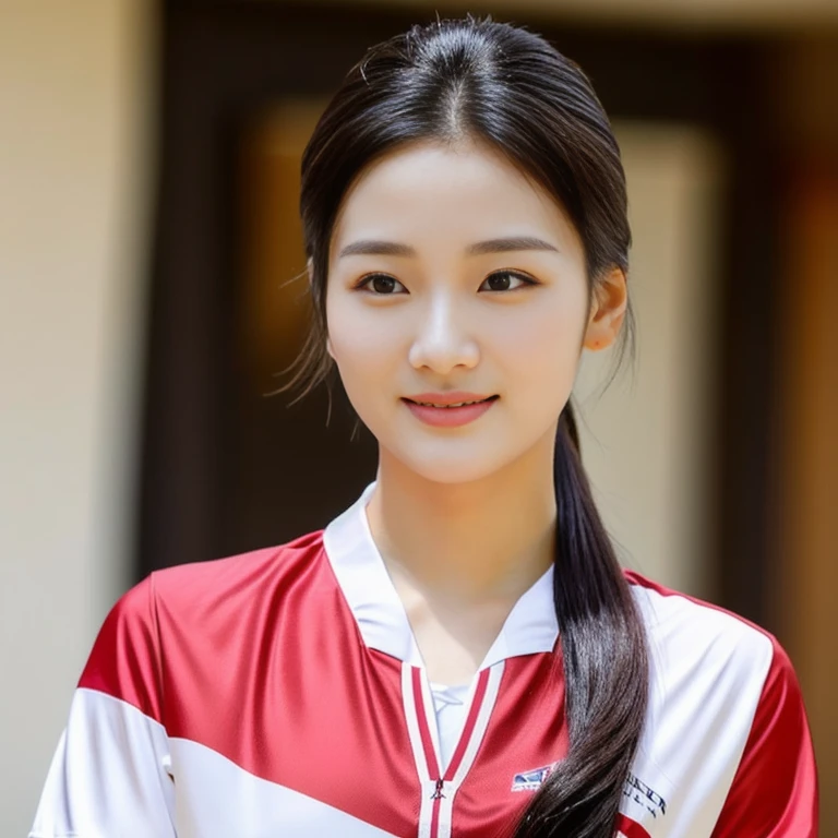 Korean symmetrical face, Close-up of a woman wearing a volleyball shirt Expensive silk, dark black, Thai anime girl, Chest size 36 inches, beautiful south ponytail,) long, Flowing hair, ponytail, beautiful young, bright and sparkling,