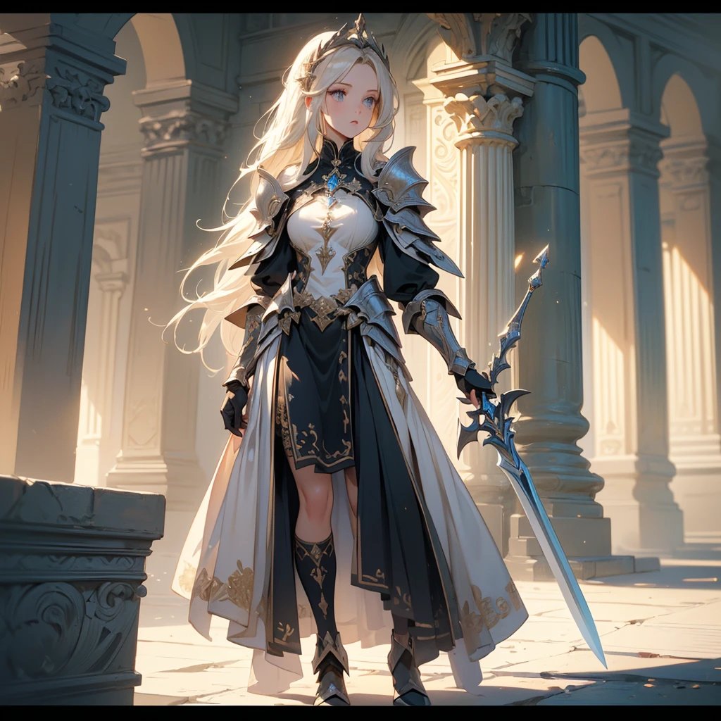 (((masterpiece, best quality, high detailed, 8k))) Design a layout showcase Gaming character, (1girl). White|Gold clothes, stylish and unique. ((showcase weapon:1.4)), holy scepter. (masterpiece:1.2), (best quality), 4k, ultra-detailed. (Step by step design, layout art:1.5), (luminous lighting, atmospheric lighting). priestess, ((glove full hands)), (((revealing clothes:1.3))), vambraces, armored legwear, (((full_body_shot:1.4))). {In a sacred temple}.