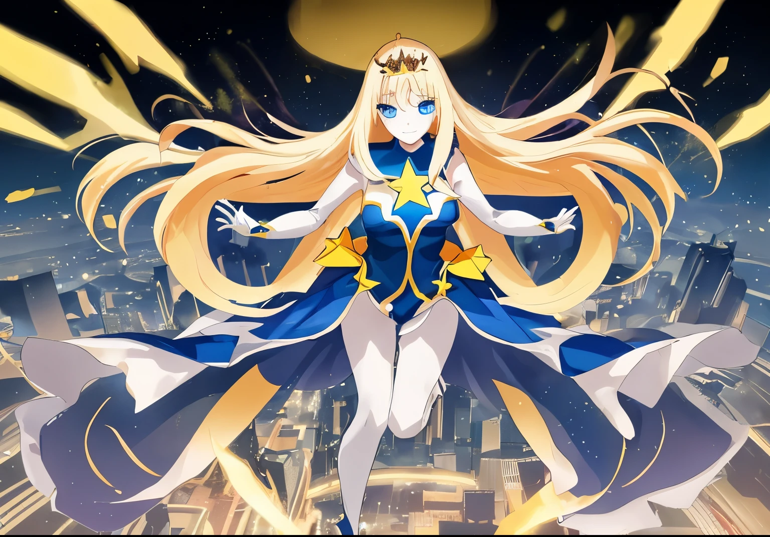 1 girl, full body, 19 years old, white skin, smiling face, masked face, blushing, blonde hair, straight hair, long hair, bangs, full body, superhero mask, black mask, hands with stars, yellow bracelets, yellow gloves, superhero costume, superheroes, full body suit, yellow, with a large yellow star in the center, star emblem, something tight, star-shaped tiara, blue eyes, medium breasts, slim body, outstretched arms, arms behind the waist, flying, city background, anime