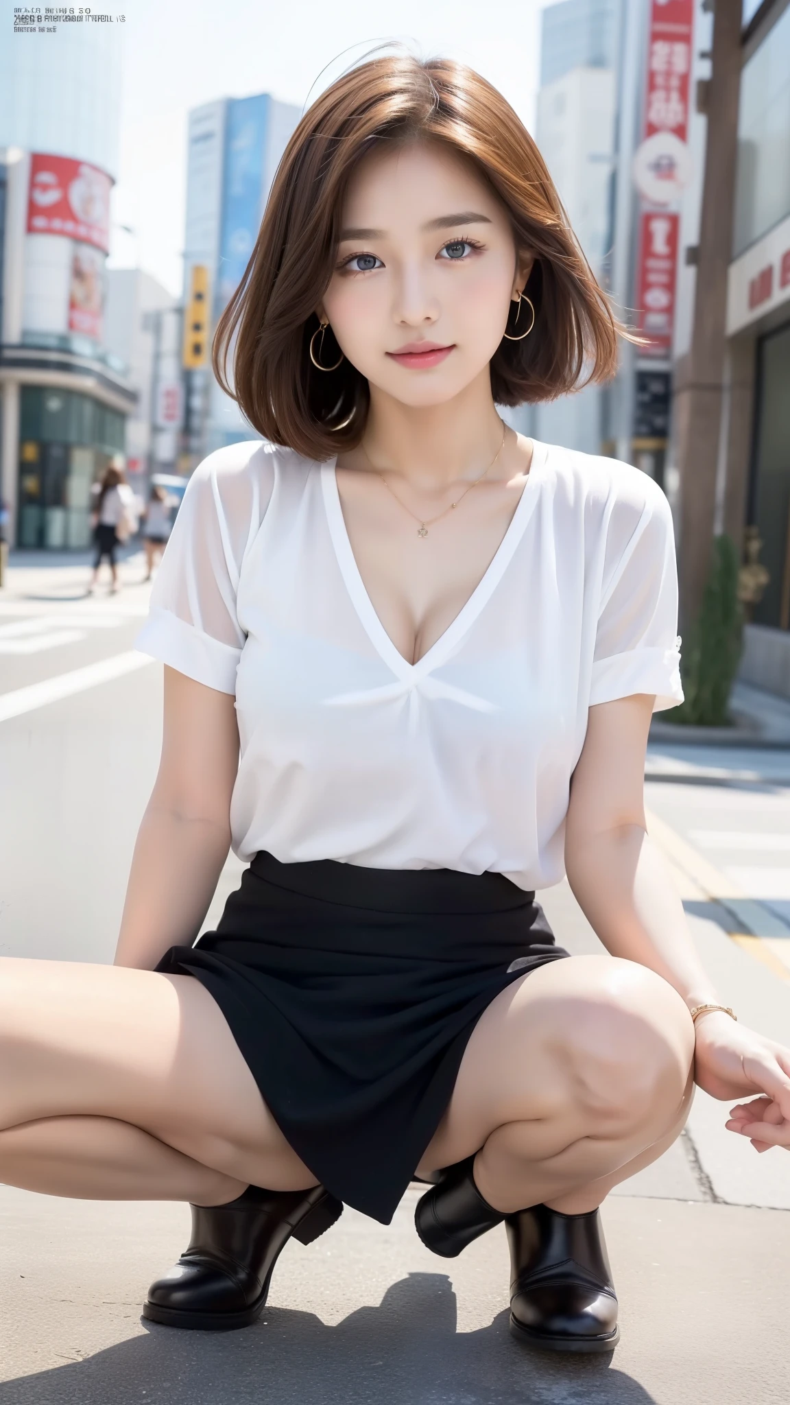(((32k,Very high resolution, Attention to detail, Very accurate,Maiden 1：1.5))),RAW Photos & Realistic atmosphere,Beautiful dark blue eyes,Mouth details,Glossy lips,Fine eyebrows,Soft white skin that shines in every detail,,Detailed drawn eyes、Very beautiful eyes with blue pupils,Detailed lips、Very beautiful face,Very well-formed face、A vivid face,Beautiful, shining lips,Beautiful Eyebrows,Infinite Reality,Best Design,（Extremely cute 16 year old Japanese high school girl,,Beautifully shaped breasts,Very cute beautiful girl,,Healthy Body,Excellent style：1.5）,The best natural makeup,Japanese Ido,Korean Idol,Young sensual idol,Watery eyes,Dark and beautiful deep eyes,Beautiful ass,Beautiful feet,,Camel foot,：1.3),超A high resolution、,Natural and realistic faces,Backlight,Her pure eyes are so cute,(((Photorealism,Photograph the whole body))),,Reality Live Action,（Fashionable earrings,,necklace,bracelet,gyuru,shiny nail art,American Street Winter Fashion,outside,Unique skirt,Leather shoes,A calm and stylish girl,Light brown hair,short hair,solo,,Smile a little,Esbian all over,Showing off full-body fashion,get up,Leather shoesを見せて, Only young and pretty 15 year old girls,A beautiful and charismatic ,Teen fashion mage shoot,K-POP好き,Koreatown Fashion,Revealing clothing：1.7）,Shin-Okubo's Koreatown
