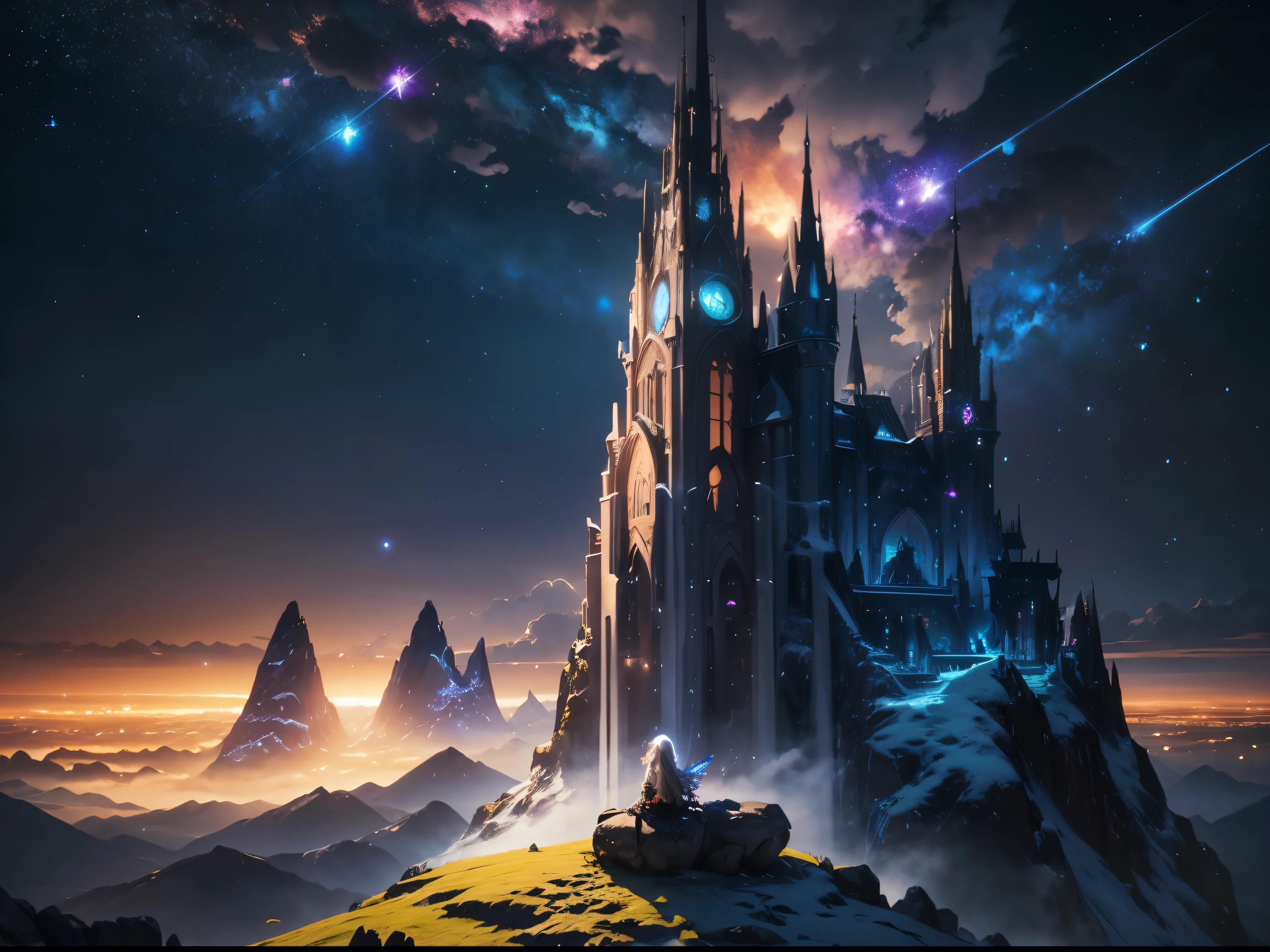 (best quality), (masterpiece), (detail：1.4)，hdr(High Dynamic Range), Ray traching，NVIDIA RTX，Hyper-Resolution，illusory 5，sub surface scattering，PBR textures，post-proces，Anisotropy Filtering，depth of fieldaximum definition and sharpnesany-Layer Textures，Albedo e mapas Speculares，Surface coloring，Mitsu-Accurate simulation of material interactions，perfectly proportioned，renderingw by octane，Two-colored light，largeaperture，Low ISO，White balance，Rule three points、8K raw data, Fantasy art, starlit city, (epic landscape)!!, elven girl, starry night, fantasy world, Mystycal Sky, celestial beauty, enchanted evening, magical scenery, dreamy vista, futuristic fantasy, mystic mountains, night sky magic, fairy tale setting, cosmic view, mytichal city, ethereal night, fantasy journey, legendary land,  1elven girl sit down at hill with full of flower, the girl looking at the sky