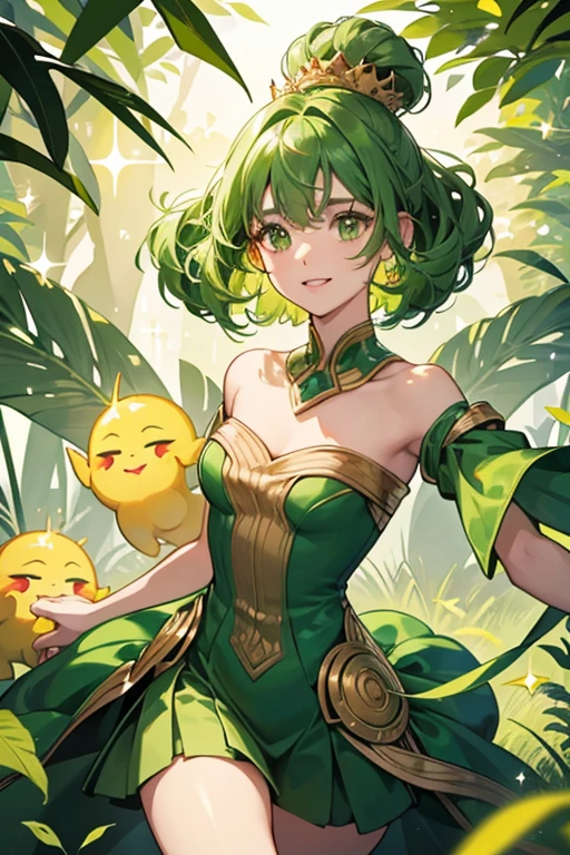 she has a green bush-like body, a round yellow head, and yellow arms and legs. she has a green leaf on her head which has a curly stem. sHe has dark round eyes and green cheeks. SPARKLE; GLITTER