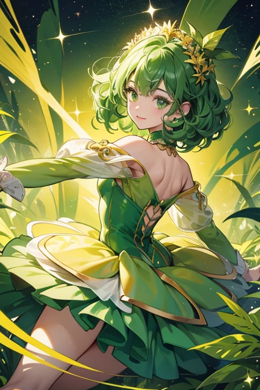 she has a green bush-like body, a round yellow head, and yellow arms and legs. she has a green leaf on her head which has a curly stem. sHe has dark round eyes and green cheeks. SPARKLE; GLITTER