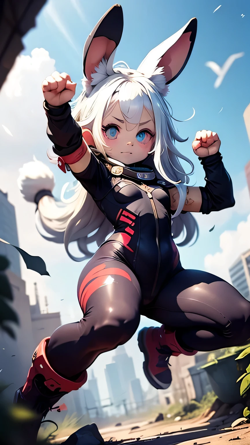 solo,1female\(chibi,cute,kawaii,small kid,(white hair:1.7),(very long hair:1.7),bangs,(ear\(fluffy white rabbit-ear\):1.3),(red eye),big eye,beautiful shiny eye,skin color white,big hairbow,(combat suit\((bodysuit:1.5),(skin tight:1.5),body suit,(very tight:1.5),weapons\)),(breast:1.3),fighting stance,(dynamic pose:1.4),shooting and aiming a laser gun to viewer\), BREAK ,background\(city of Rubble,viewer is destroying the city\), BREAK ,quality\(8k,wallpaper of extremely detailed CG unit, ​masterpiece,hight resolution,top-quality,top-quality real texture skin,hyper realisitic,increase the resolution,RAW photos,best qualtiy,highly detailed,the wallpaper,golden ratio\),(dynamic angle:1.4),better hands,[nsfw:2.0]