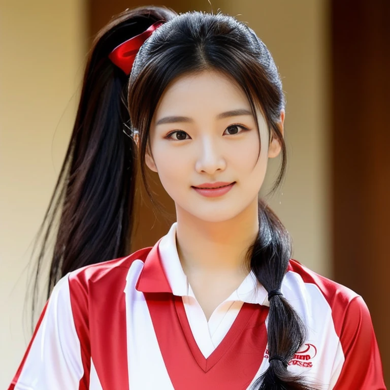 Korean symmetrical face, Close-up of a woman wearing a volleyball shirt Expensive silk, dark black, Thai anime girl, Chest size 36 inches, beautiful south  ponytail,) long, Flowing hair, ponytail, beautiful young, bright and sparkling, 