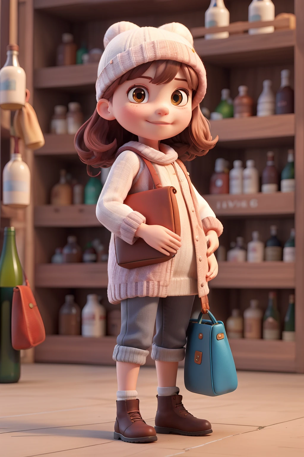“Lily, the young bottle collector, dons a knitted hat and carries a bag filled with glass bottles.”