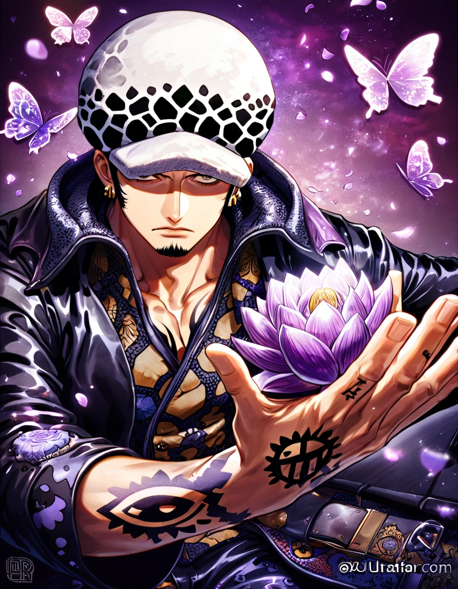 absurdres, highres, ultra detailed, HDR, master piece, best quality, Trafalgar Law, black hair, expressive gray eyes, one piece, solo, sexy man, handsome, black leather coat, white hat, patterns, magical, fantasy, purple sky, purple lotus, shining, purple petals, purple glittering butterflies