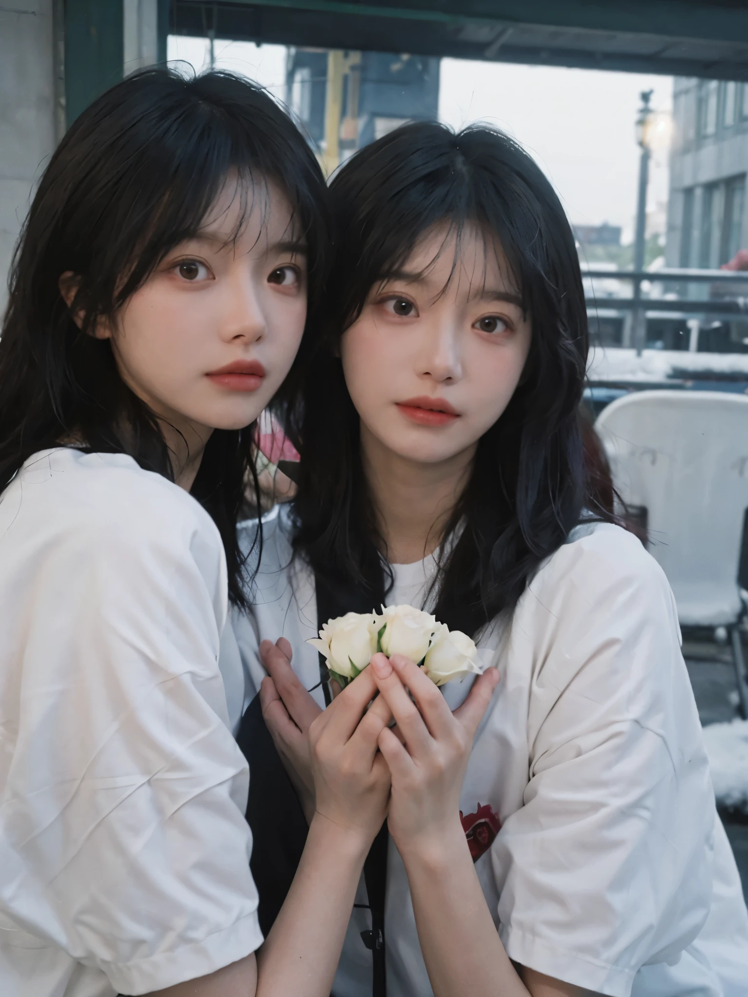 best quality, Ultra-high resolution, White background,16K,simplesmente fofo,(Realistically:1.4), 2 girls, White short sleeve,twin,Triplets,Rose Rain,A pair of eyes as clear as snow,Royal sisters,looking at the audience, close up ,