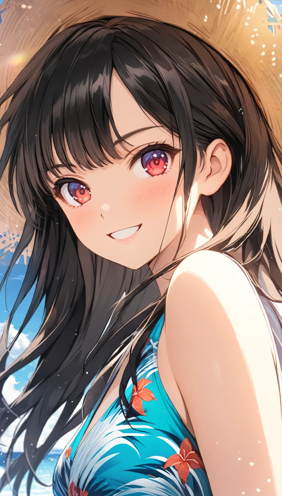 (masterpiece, highest_quality), very be familiar with cg unity 8k wallpaper, wonderful_Are you okay_figure, BREAK 1girl, long black hair wearing a straw hat, small breasts, (glamorous expression), red eyes, anime style 4k, beautiful anime portrait, anime moe art style, anime art wallpaper 4k, High quality anime art style, anime style portrait, be familiar with digital anime art, anime art wallpaper 8k, cute anime girl portrait, Hawaii background, blue sea, palm trees, sunlight, whole body, BREAK depth of field, perfect hands, nice fingers, 5_finger, 4_finger,1_thumb,