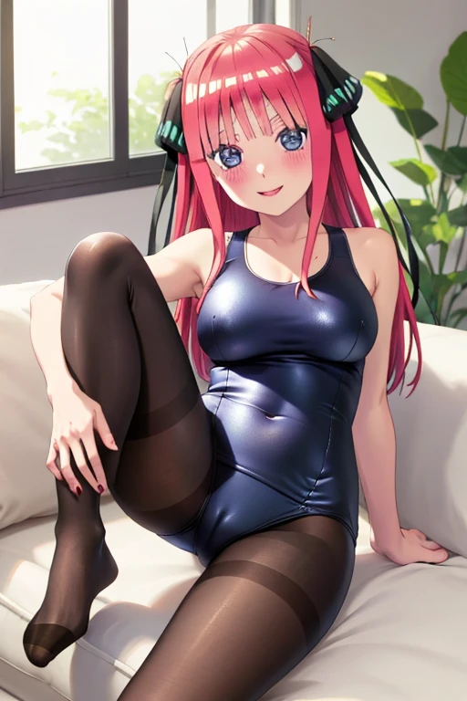 best quality, masterpiece, high quality, insanely detailed, nino nakano, one-piece swimsuit, breasts, pantyhose, blush, smile, in the living room, leg spread