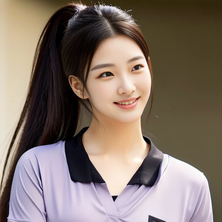 Korean symmetrical face, Close-up of a woman wearing a dark black volleyball shirt., Thai anime girl, Chest size 36 inches, beautiful south ponytail,) long, Flowing hair, ponytail, beautiful young, bright and sparkling,