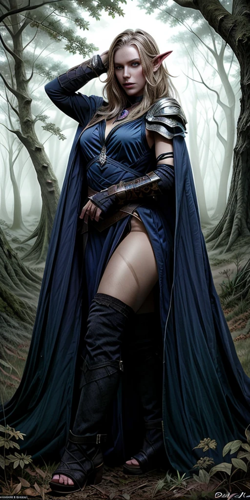 masterpiece, best quality, CG, wallpaper, HDR, high quality, high-definition, extremely detailed, full body toe to head female drow, colored skin, dark elf, blue skin, grey skin, pointy ears, cape, armor, looking at viewer, 1girl, forest, dark forest, mythical forest, dimmed light, brown eyes, long hair, chibi