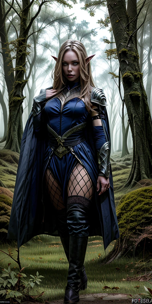 masterpiece, best quality, CG, wallpaper, HDR, high quality, high-definition, extremely detailed, full body toe to head female drow, colored skin, dark elf, blue skin, grey skin, pointy ears, cape, armor, looking at viewer, 1girl, forest, dark forest, mythical forest, dimmed light, brown eyes, long hair, chibi