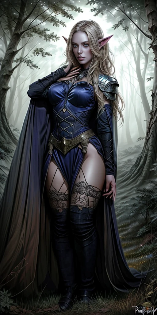 masterpiece, best quality, CG, wallpaper, HDR, high quality, high-definition, extremely detailed, full body toe to head female drow, colored skin, dark elf, blue skin, grey skin, pointy ears, cape, armor, looking at viewer, 1girl, forest, dark forest, mythical forest, dimmed light, brown eyes, long hair, chibi