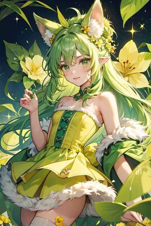 she has light green fluffy fur, making him look like a bush, and pointy ears. sHe has a yellow flower with five petals on one side of her head, and a green sprout with two leaves on the other. sHe has two yellow legs and three tufts of fur on her forehead. sHe also has a small, bunny-like tail. SPARKLE; GLITTER