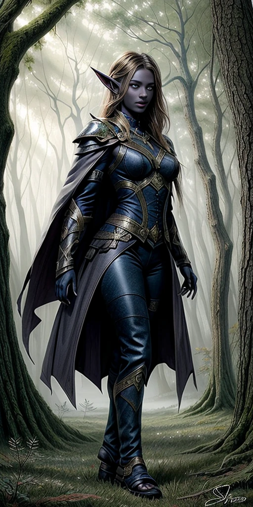 masterpiece, best quality, CG, wallpaper, HDR, high quality, high-definition, extremely detailed, full body toe to head female drow, colored skin, dark elf, blue skin, grey skin, pointy ears, cape, armor, looking at viewer, 1girl, forest, dark forest, mythical forest, dimmed light, brown eyes, long hair, chibi