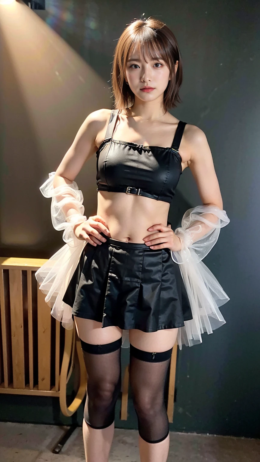 (8k、RAW Photos、highest quality、masterpiece:1.2)、(Realistic、Realistic)、1 girl、((Frilled mini skirt、?????????????、See-through、belly button、Sleeveless、Black Wall、Spotlight、View from the front、looking at the camera、Standing with hands on ????))、