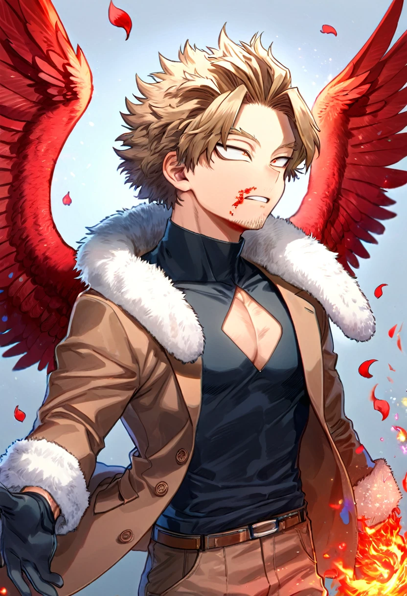 Ultra detailed, Highres, absurdres, HDR, Hawks, Takami Keigo, brown-blond hair, expressive brown-golden eyes, red wings, faint stubble on his chin, red flowers, Boku No Hero Academia, petals, handsome, sexy man, solo, very detailed eyes and face, glittering red butterflies, master piece, toned chest, glittering, fantasy, cross, red background, red flames, magical, fire, black shirt with patterns, black gloves, brown jacket with white fur, brown pants