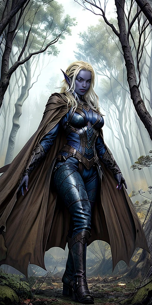 masterpiece, best quality, CG, wallpaper, HDR, high quality, high-definition, extremely detailed, full body toe to head female drow, colored skin, dark elf, blue skin, grey skin, pointy ears, cape, armor, looking at viewer, 1girl, forest, dark forest, mythical forest, dimmed light, brown eyes, long hair, chibi