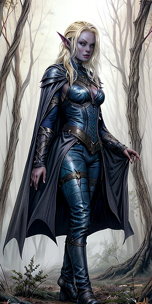 masterpiece, best quality, CG, wallpaper, HDR, high quality, high-definition, extremely detailed, full body toe to head female drow, colored skin, dark elf, blue skin, grey skin, pointy ears, cape, armor, looking at viewer, 1girl, forest, dark forest, mythical forest, dimmed light, brown eyes, long hair, chibi