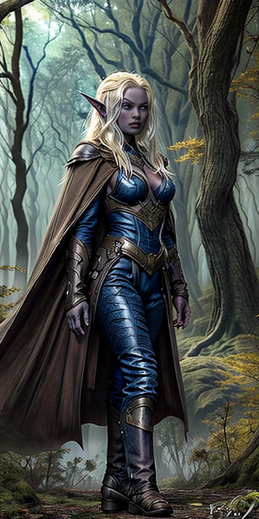 masterpiece, best quality, CG, wallpaper, HDR, high quality, high-definition, extremely detailed, full body toe to head female drow, colored skin, dark elf, blue skin, grey skin, pointy ears, cape, armor, looking at viewer, 1girl, forest, dark forest, mythical forest, dimmed light, brown eyes, long hair, chibi