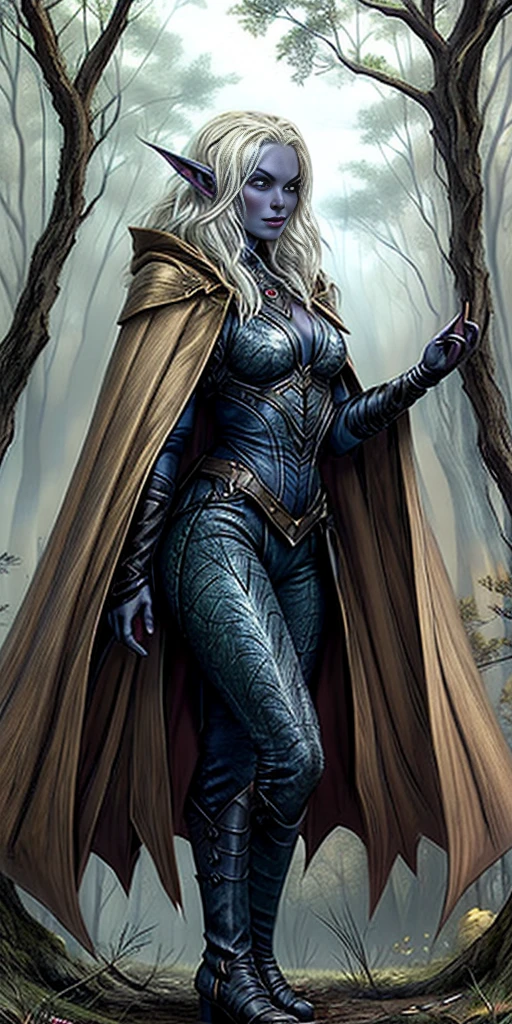 masterpiece, best quality, CG, wallpaper, HDR, high quality, high-definition, extremely detailed, full body toe to head female drow, colored skin, dark elf, blue skin, grey skin, pointy ears, cape, armor, looking at viewer, 1girl, forest, dark forest, mythical forest, dimmed light, brown eyes, long hair, chibi