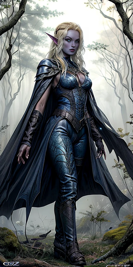 masterpiece, best quality, CG, wallpaper, HDR, high quality, high-definition, extremely detailed, full body toe to head female drow, colored skin, dark elf, blue skin, grey skin, pointy ears, cape, armor, looking at viewer, 1girl, forest, dark forest, mythical forest, dimmed light, brown eyes, long hair, chibi