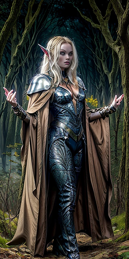 masterpiece, best quality, CG, wallpaper, HDR, high quality, high-definition, extremely detailed, full body toe to head female drow, colored skin, dark elf, blue skin, grey skin, pointy ears, cape, armor, looking at viewer, 1girl, forest, dark forest, mythical forest, dimmed light, brown eyes, long hair, chibi