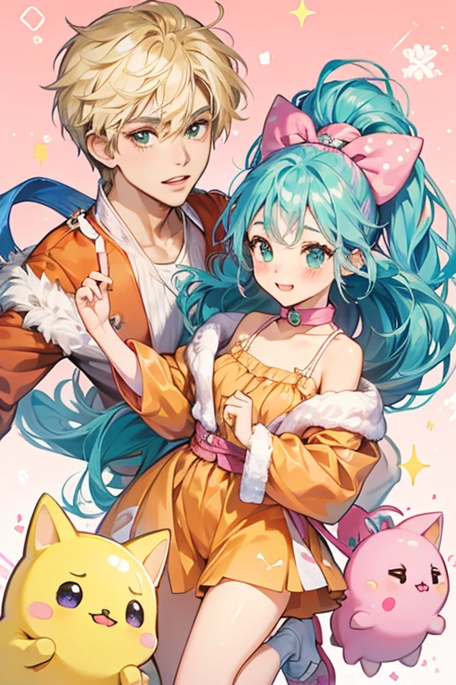 Haretchi is either pink or blue depending on gender on the Tamagotchi m!x, but in their official artwork and on the Tamagotchi Pix, they are white. They have fur, eyelashes, blushing cheeks and springy hair on their head. They wear orange clothes with a green collar. Haretchi is often standing on one leg with the other up in the air. SPARKLE; GLITTER