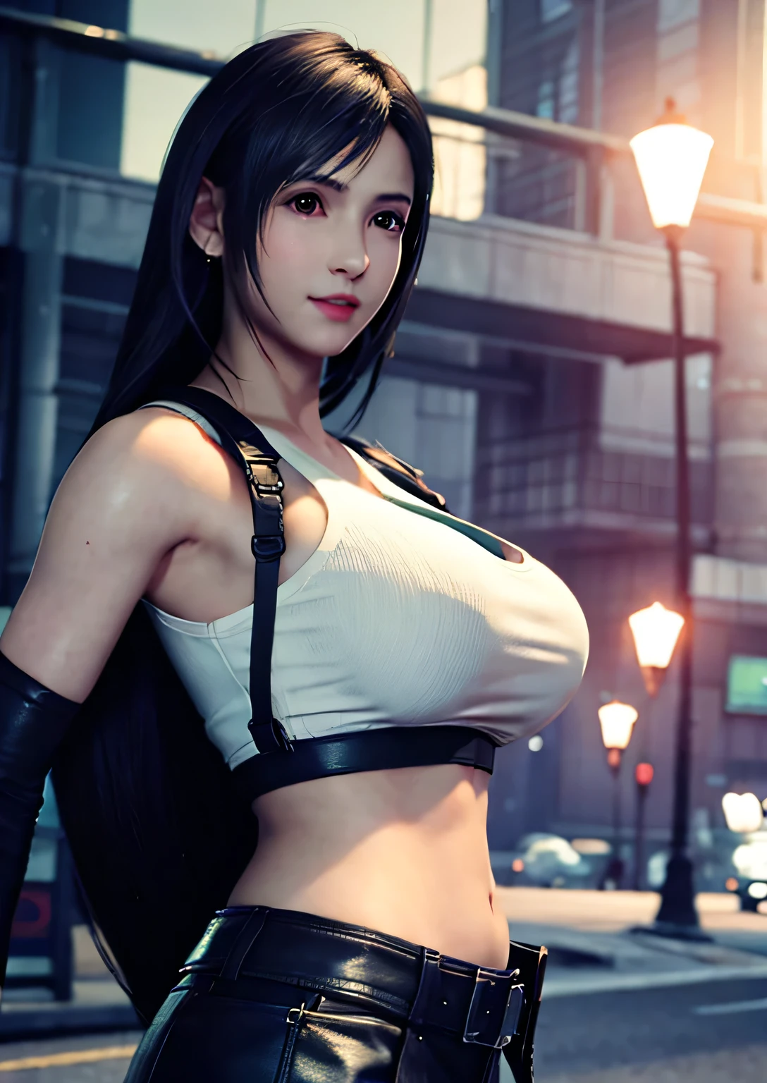 (High-Definition Photorealistic: 1.4), Solo, Top-Quality Masterpiece, Very Delicate and Beautiful, Ultra High Resolution, 20-year-old Woman, tifa_lockhart (character), Smile, Cowboy Shot with Suspenders, Low-Rise Mini Skirt, Tank Top, Tense Shirt, Black Long Hair with Elbow Gloves, Beautiful Detailed Red Eyes, Face Lighting with Movie Lighting, Navel, Gigantic Breasts (3.0), Fluttering Hair of an Adult Beautiful Woman, Background Blurred.