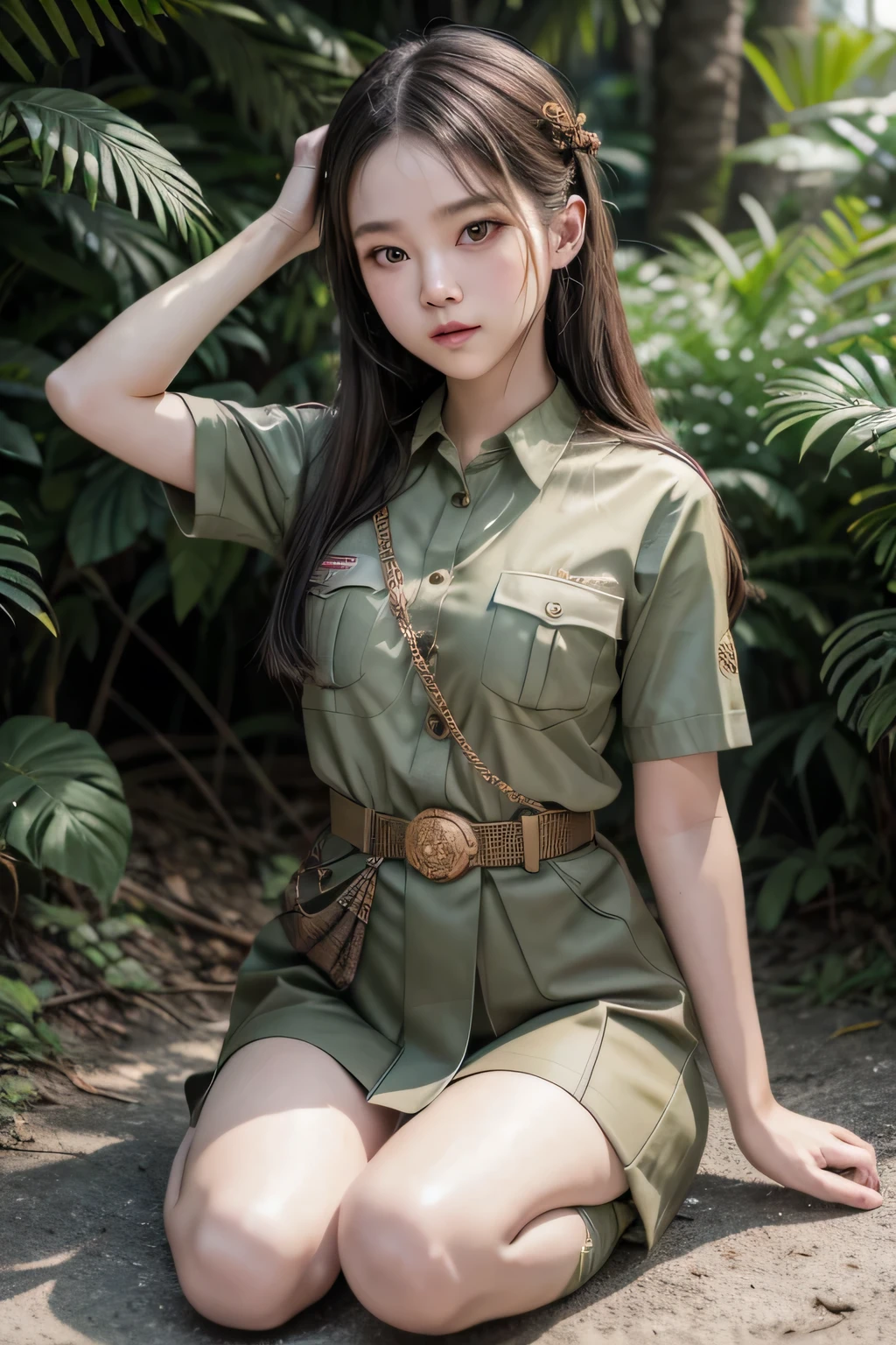 a woman in a uniform sitting on the ground with her hands on her head, anime thai girl, girl wearing uniform, scout boy, gorgeous jungle ranger, ruan cute vtuber, soldier girl, military girl, wearing military uniform, anime girl cosplay, female explorer mini cute girl, sakimichan, wearing military outfit, forest hunter lady,no panty , show pussy