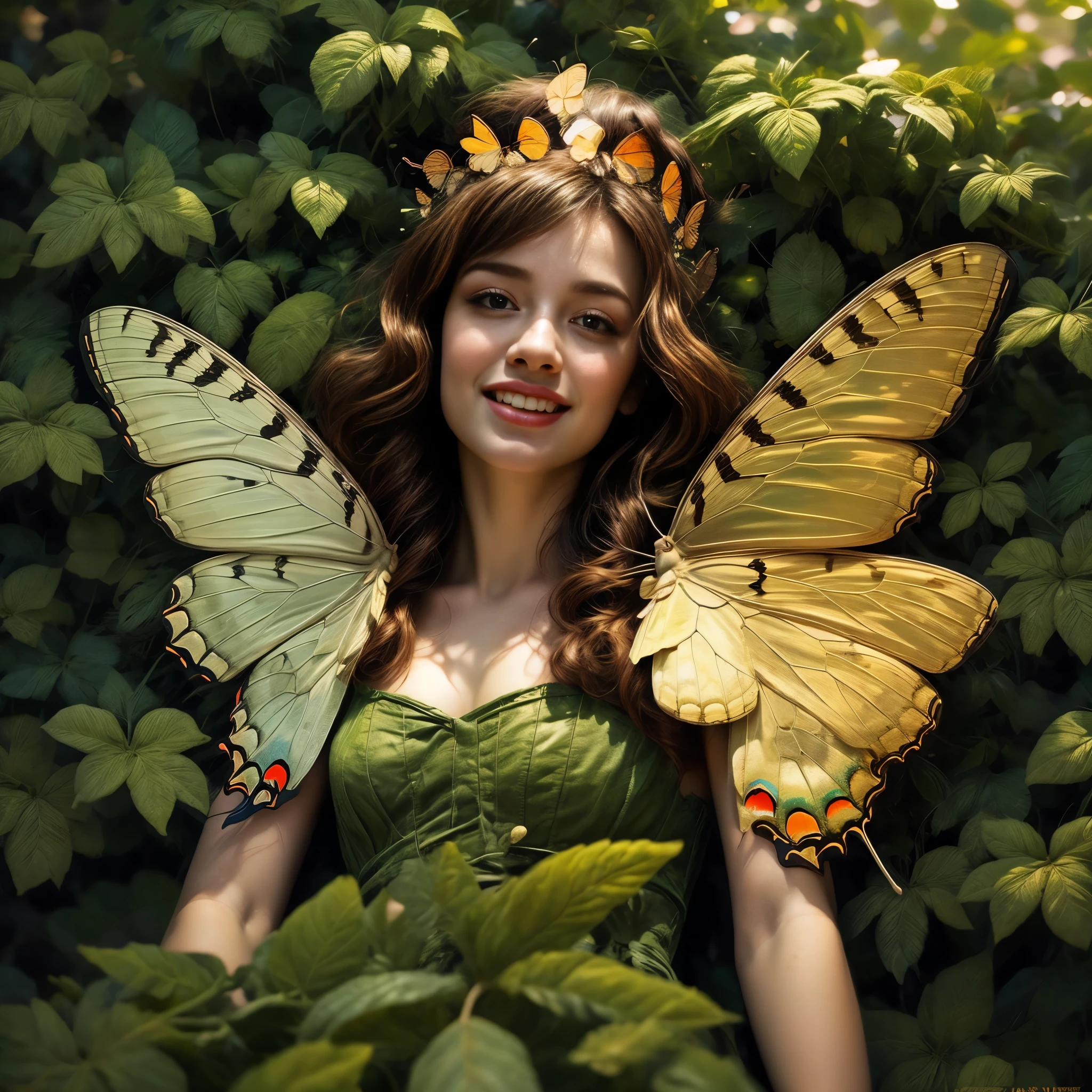 high quality、8k、Realistic、masterpiece、Very detailed、Cinema Lighting、dramatic、ether、elegant、Titania, (Graceful fairy queen、Graceful Elf Queen)、Pointy Ears:1.0、Very proud、Dignity、style、Amazingly beautiful、(Large swallowtail butterfly wings growing on its back:1.4)、Ideal ratio、Intricate details、Fantasy、Mysterious、Leaf Dress、Ornate headdress、Shining Aura、Calm smile、Bright colors、Chiaroscuro lighting、(Lush leaf background:1.6)、Correct Anatomy、Looking at the camera