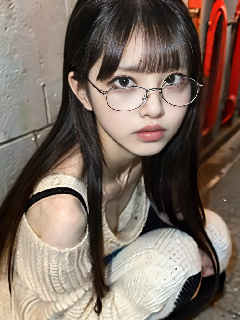 raw photo, 8k, (top-quality), Realistic, (real picture, Intricate details), (natural skin texture, detailed skin, hyper realism, sharpness), (glasses Japanese age girl squatting in a dirty back alley at night, graffitied wall:1.3), ((hand-knitted sweater, v-neck sweater, munechira)), (pale skin:1.2, slender body), ((long straight hair, blunt bangs)), (glasses seductive face, provocative look, Parted lips:1.3, eye bag:1.2, red thick lips), graffiti:1.5, night time, upper body shot