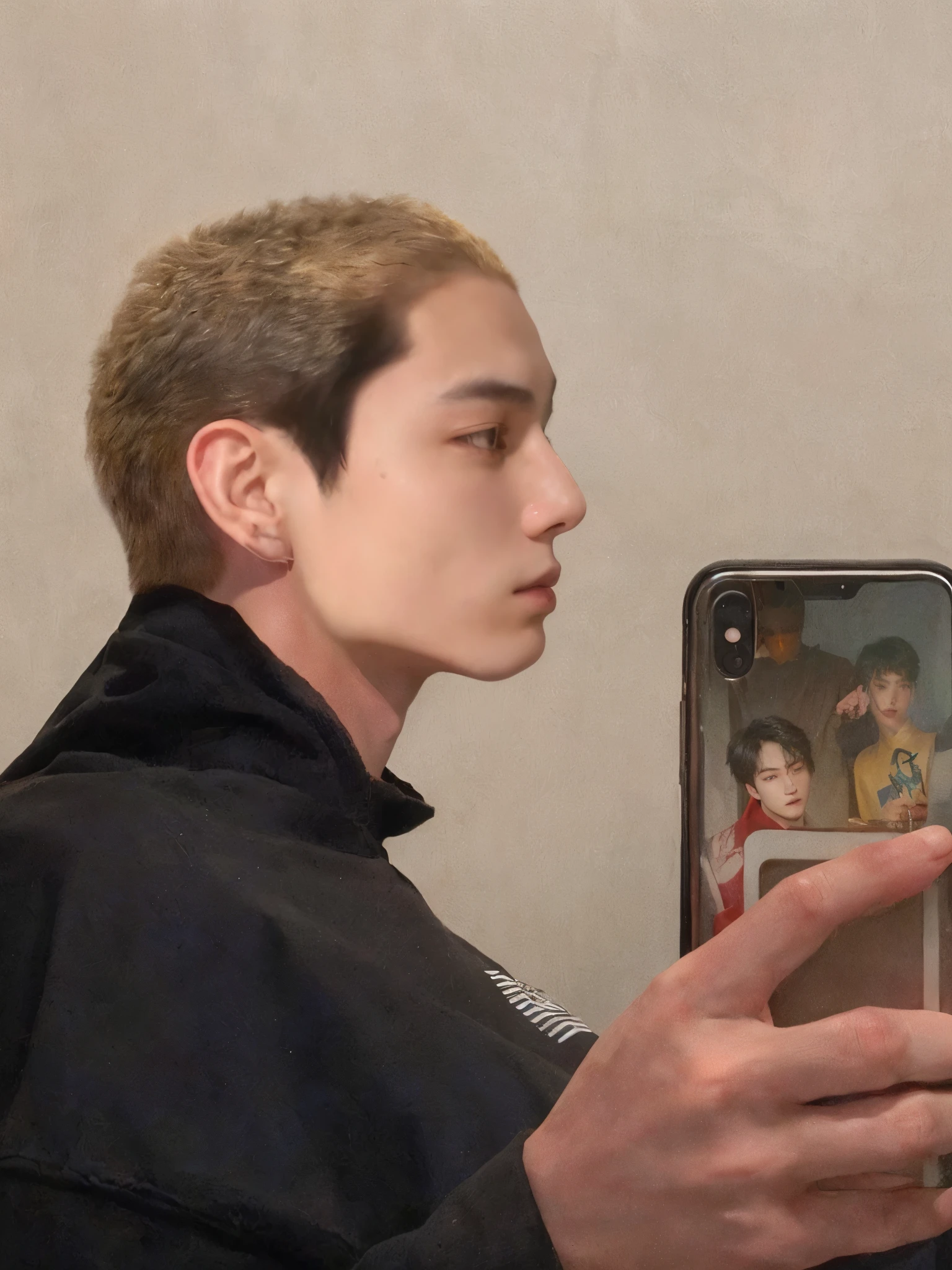 there is a man that is looking at his cell phone, 1 7 - year - old boy thin face, buzzed hair on temple, he has an elongated head shape, boy thin face, buzzed hair, Jeon Jungkook, bts, Jungkook has short black hair, with same hairstyle, short red hair on top of his head, emaciated shaved face