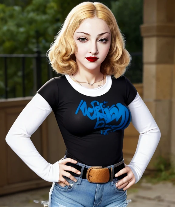 The face of Madonna, 1girl, solo, black t-shirt, white shirt, blue jeans, belt, lipstick, large breasts, short over long sleeves